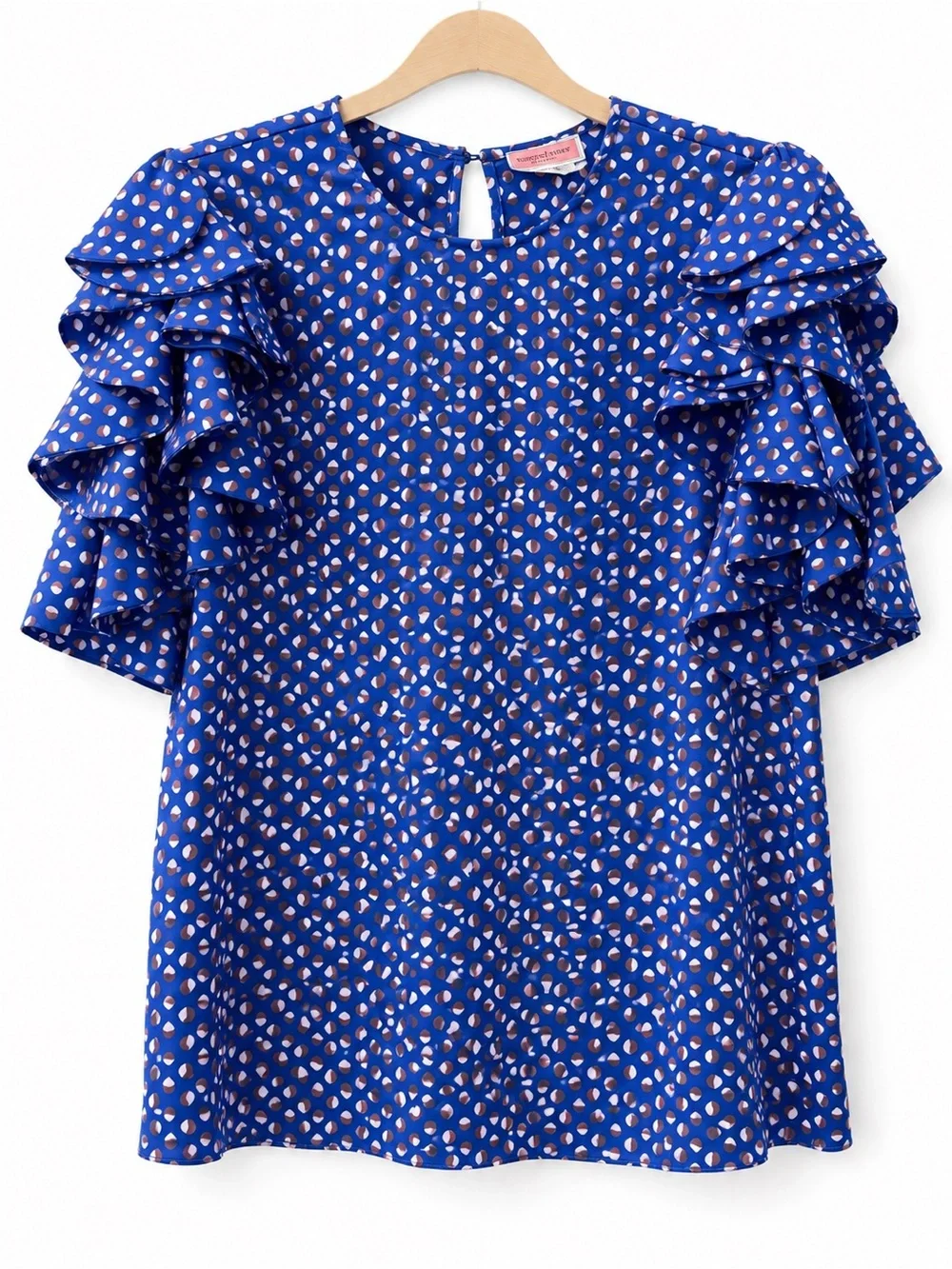 kate spade Royal Blue Ruffle Sleeve Blouse with Pink Dot Print
